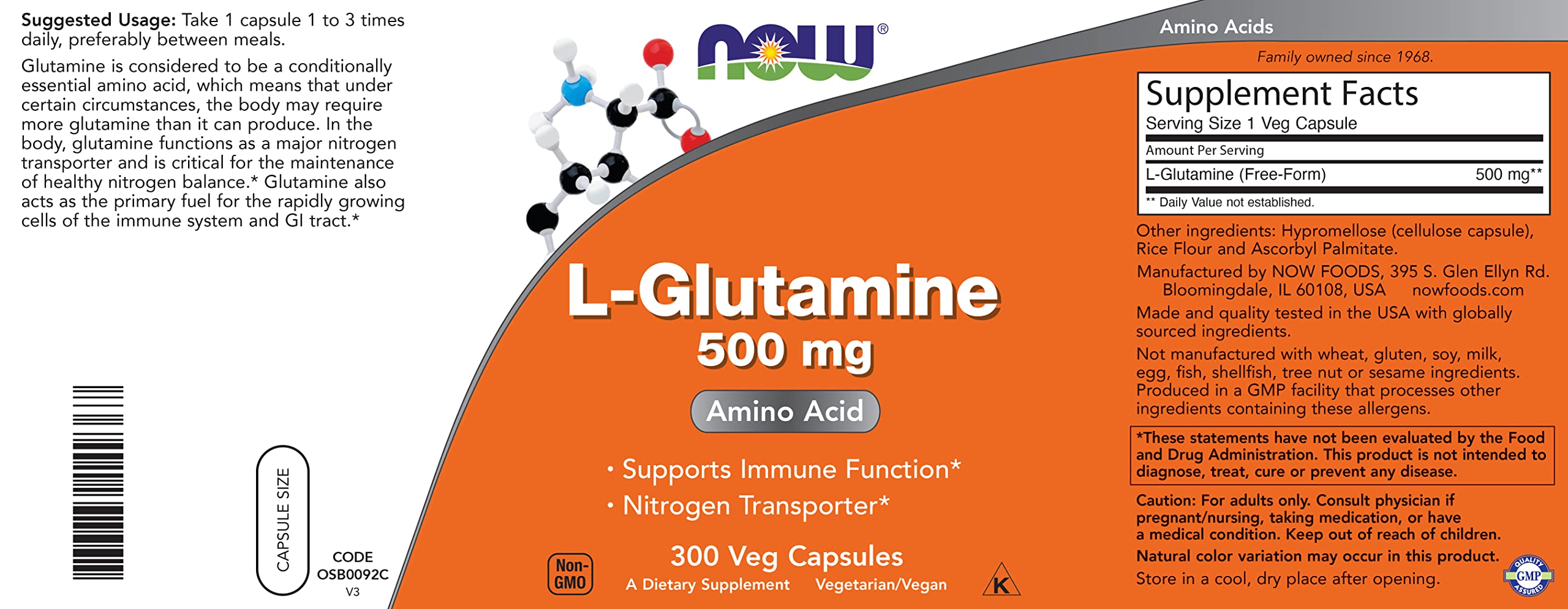 NOW Foods Glutamine ingredients label for vegan non-GMO option