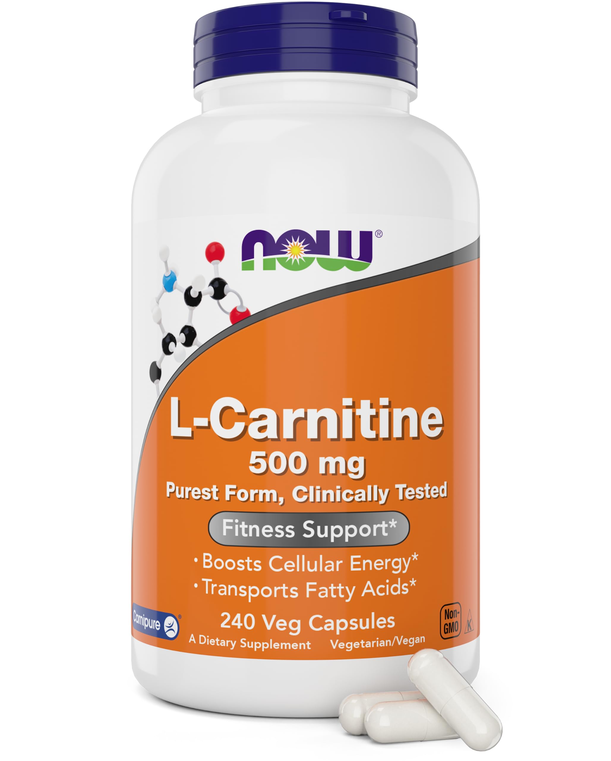 NOW Foods L-Carnitine 500 mg bottle front view highlights energy support.