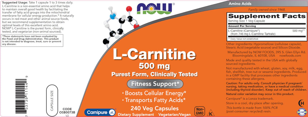 NOW Foods L-Carnitine 500 mg bottle label shows ingredients and purity.