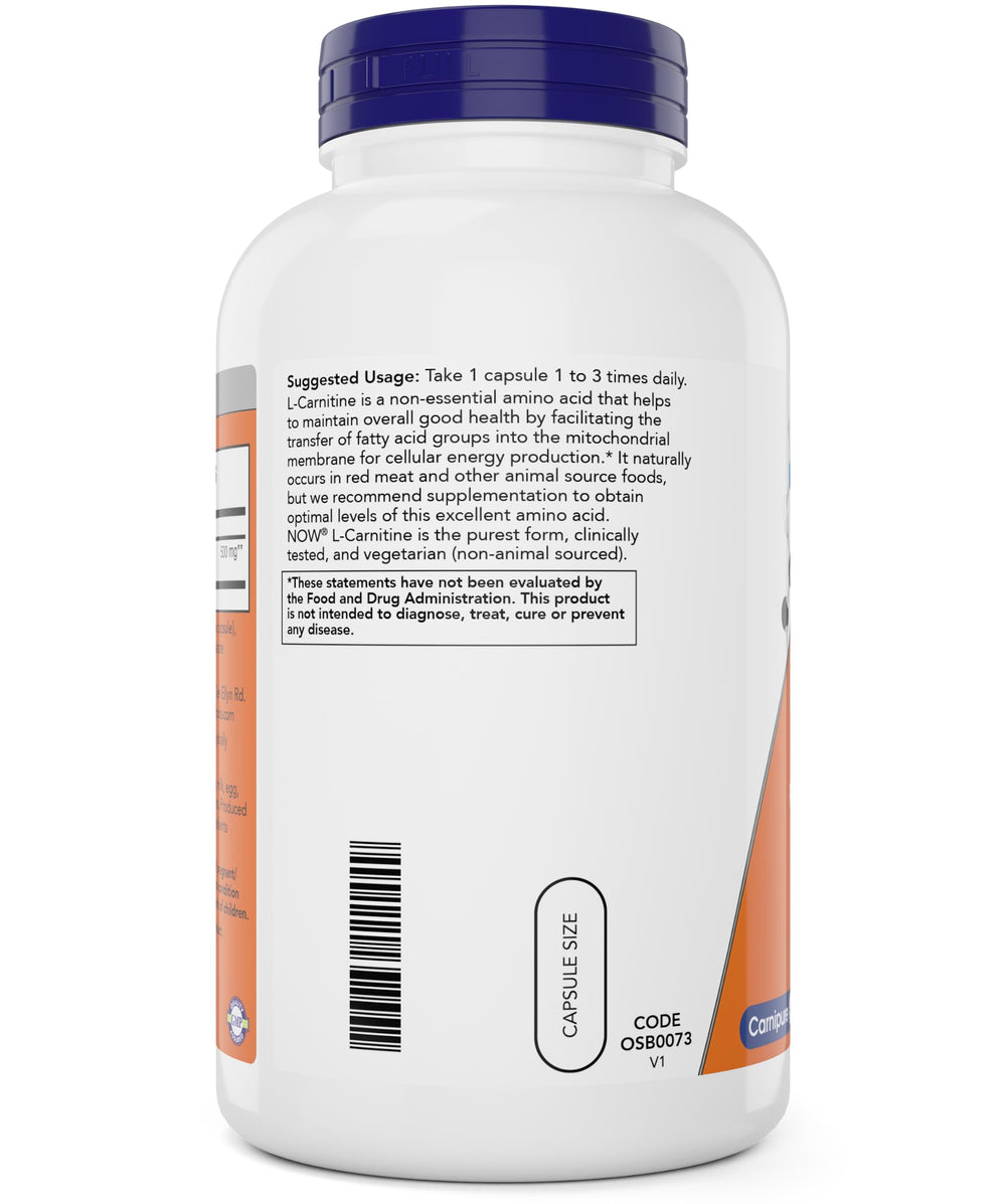 NOW Foods L-Carnitine 500 mg capsules pour demonstrates convenient daily use.