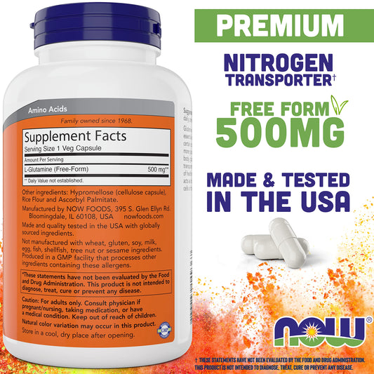 NOW Foods L-Glutamine capsules close-up highlighting 500 mg per capsule