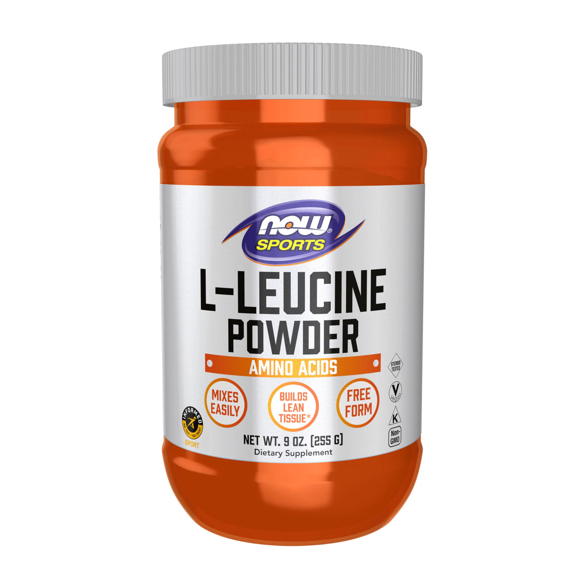 NOW Foods Leucine Powder bottle closeup showing label and powder for lean-tissue support