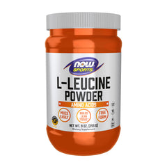 NOW Foods Leucine Powder bottle closeup showing label and powder for lean-tissue support