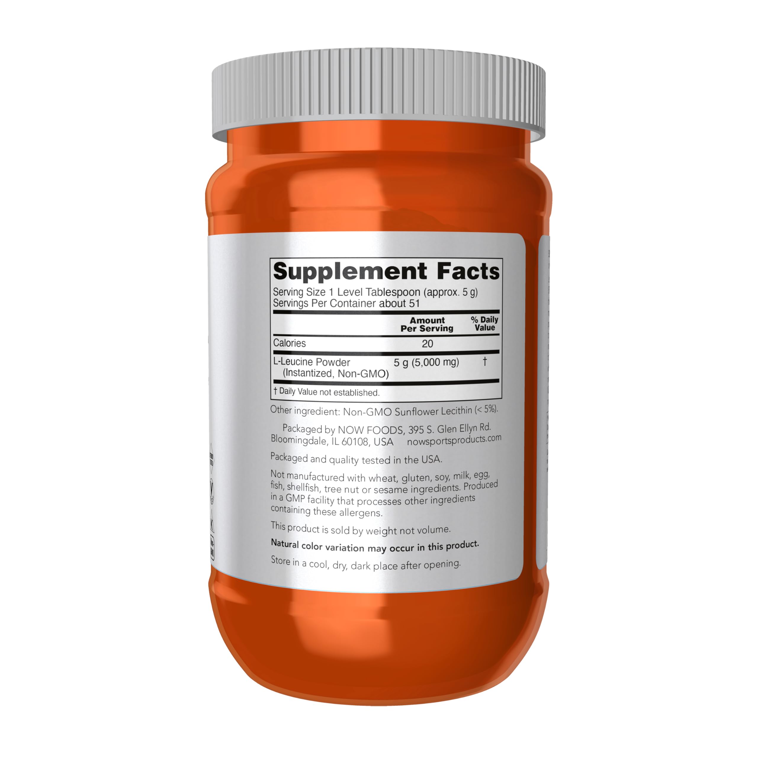 NOW Foods Leucine Powder scoop pouring into shaker for easy mixing