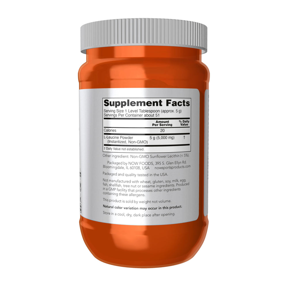 NOW Foods Leucine Powder scoop pouring into shaker for easy mixing
