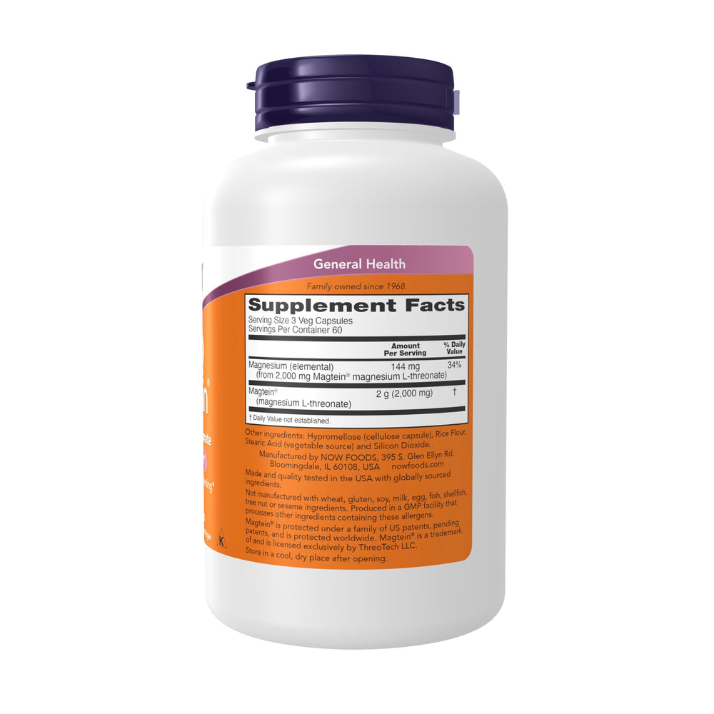 NOW Foods Magtein capsules-closeup shows easy-to-swallow capsules for focus support