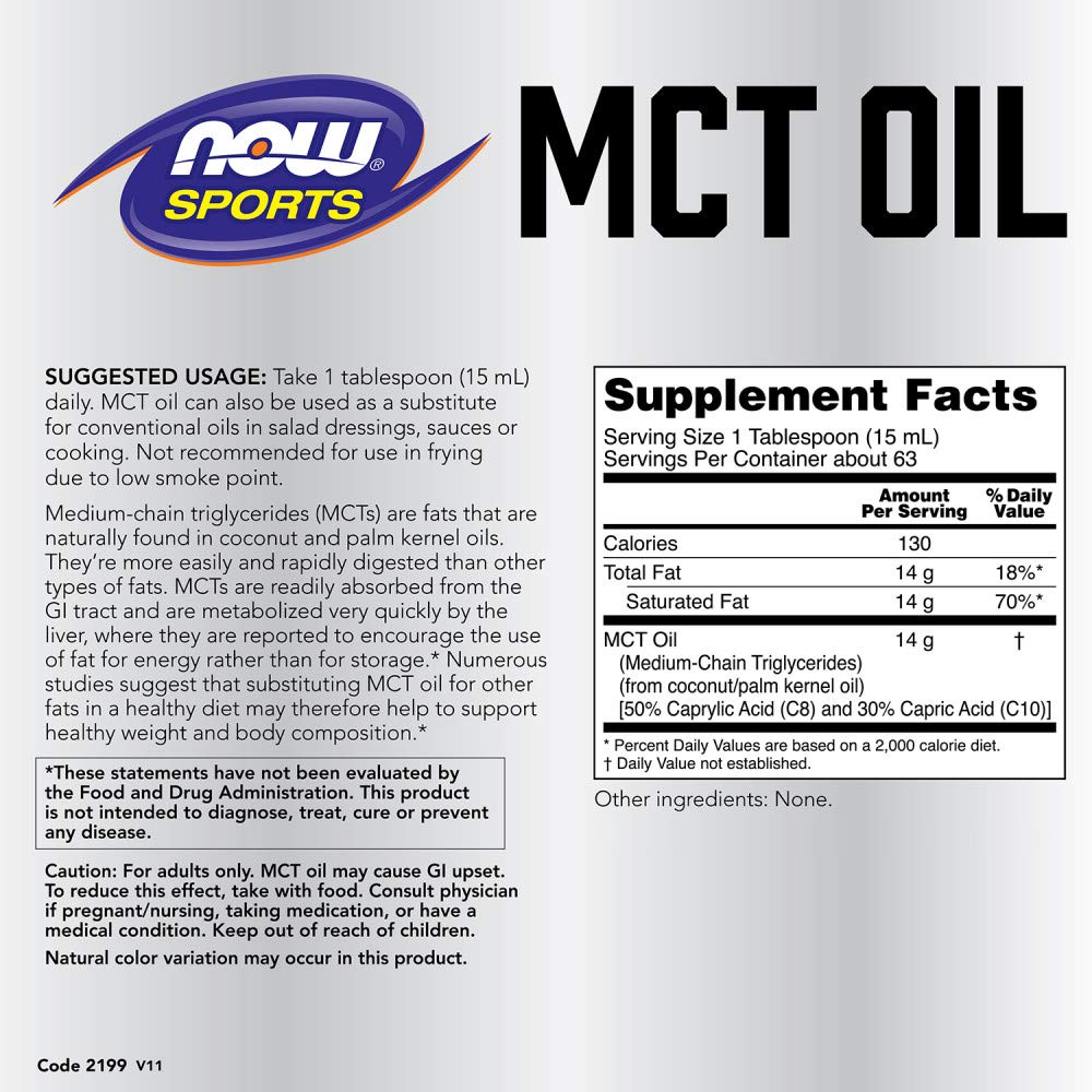 NOW Foods MCT 100% Oil pump nozzle demonstrates easy portion control for beverages.