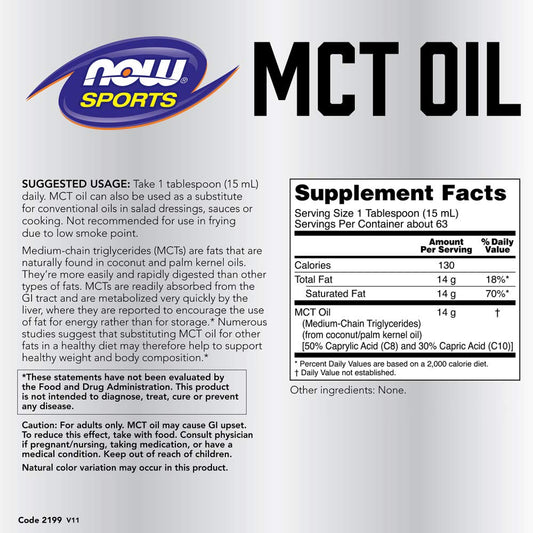 NOW Foods MCT 100% Oil pump nozzle demonstrates easy portion control for beverages.