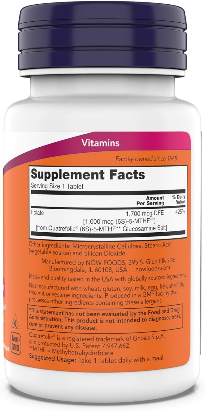 NOW Foods Methyl Folate bottle label close-up highlighting bioavailability