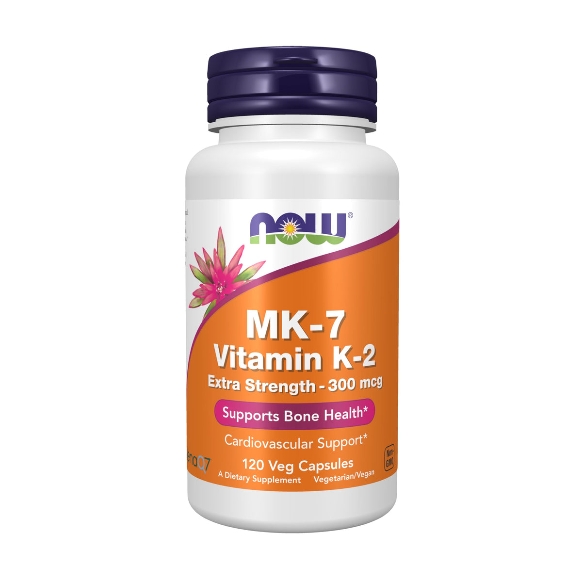 NOW Foods MK-7 bottle cap close-up showing convenient daily capsules