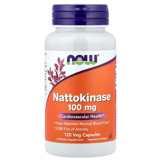 NOW Foods nattokinase 100 mg bottle showing a convenient daily capsule routine.