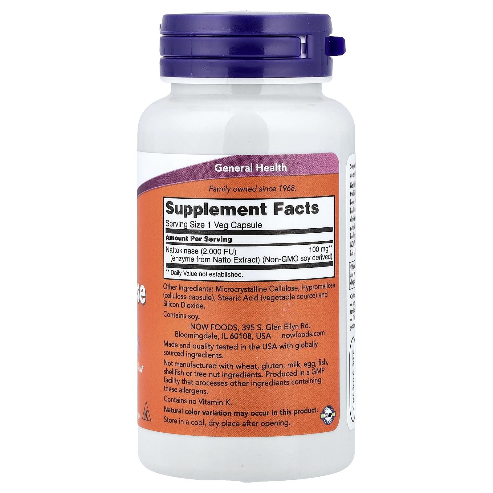 NOW Foods nattokinase 100 mg VegiCaps on display, easy-to-dose plant-based capsules.