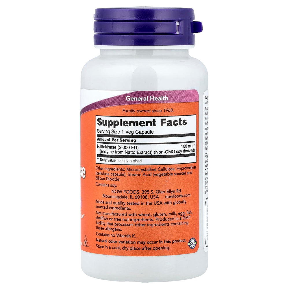 NOW Foods nattokinase 100 mg VegiCaps on display, easy-to-dose plant-based capsules.