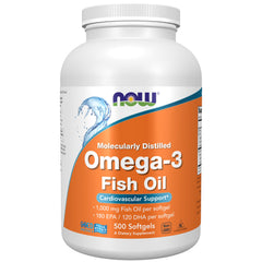 NOW Foods Omega-3 softgels bottle front highlighting 180 EPA / 120 DHA for heart support possibilities
