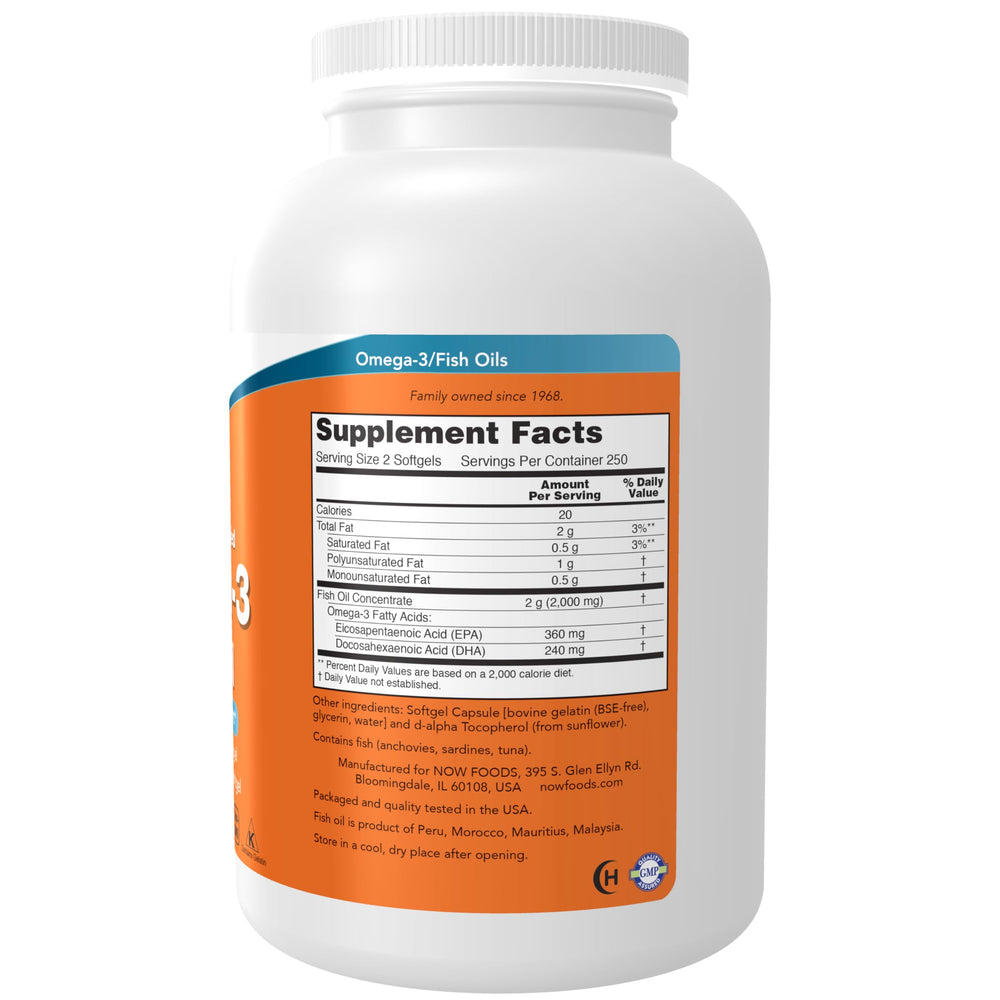NOW Foods Omega-3 bottle pour showing daily softgels for easy supplementation