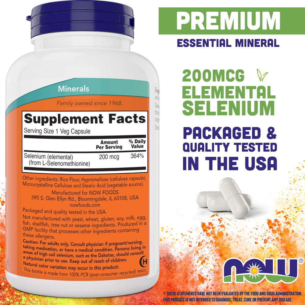 NOW Foods selenium 200mcg bottle side view shows vegan-friendly, non-GMO formulation