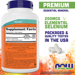 NOW Foods selenium 200mcg bottle side view shows vegan-friendly, non-GMO formulation