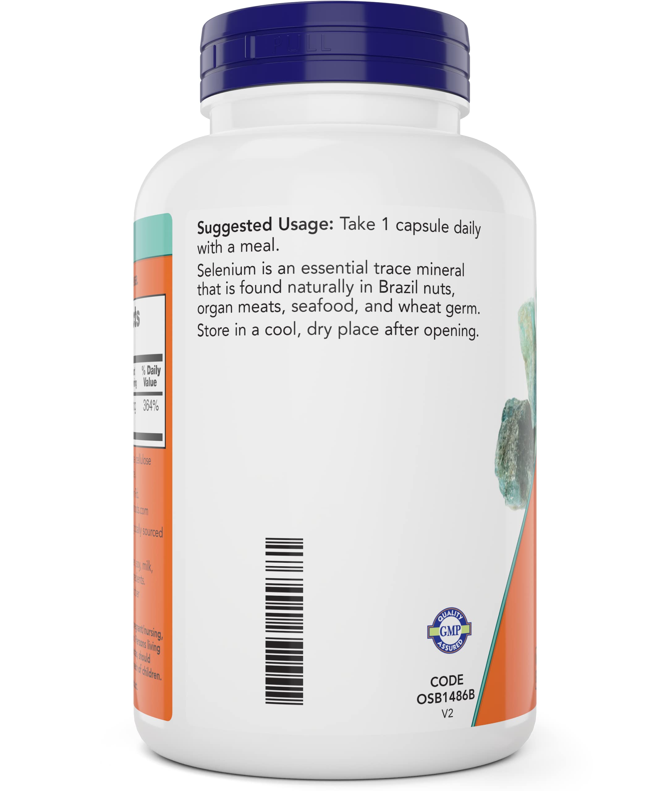NOW Foods selenium 200mcg capsules bottle label closeup highlighting vegan and kosher features