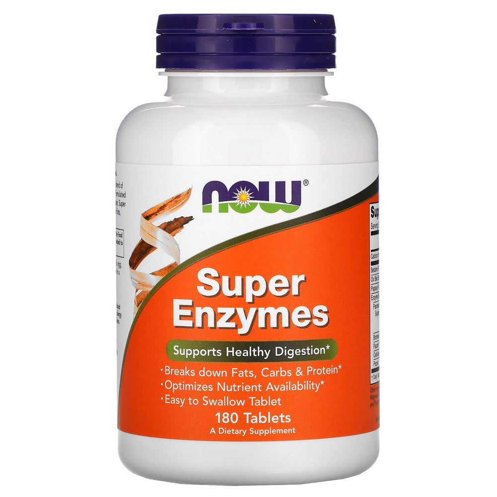 NOW Foods Super Enzymes tablets close-up for easy digestion