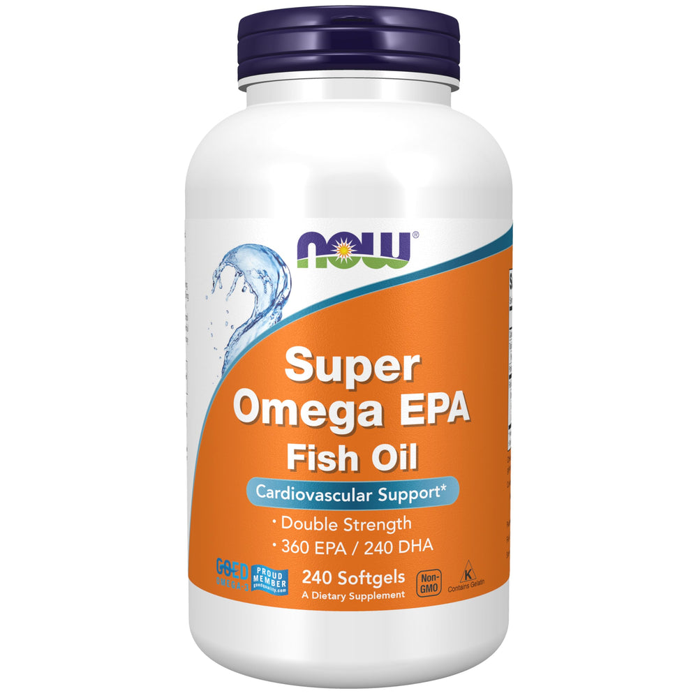 NOW Foods Super Omega EPA bottle displays 360/240 EPA/DHA per softgel for daily support