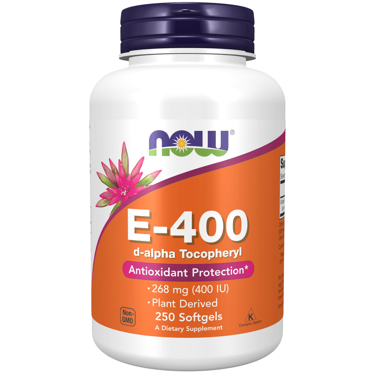 NOW Foods Vitamin E-400 IU softgels bottle for antioxidant support.