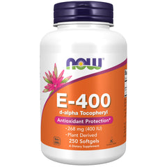 NOW Foods Vitamin E-400 IU softgels bottle for antioxidant support.