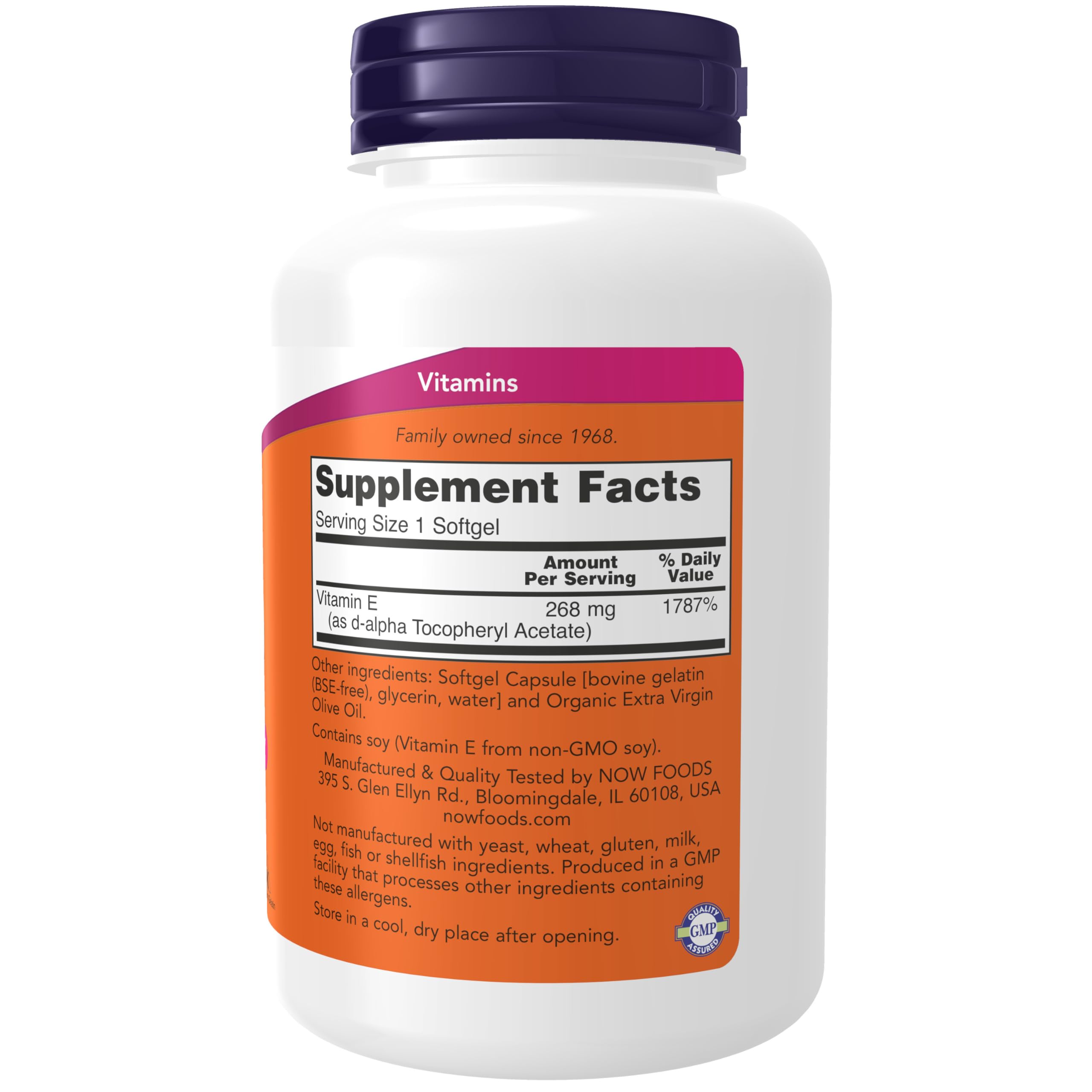 NOW Foods Vitamin E-400 IU label showing non-GMO soy source.