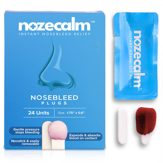 NozeCalm nose bleed stopper packaging front view for quick access