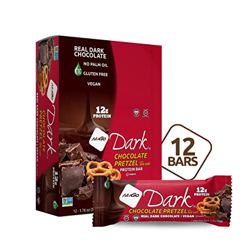 Close-up of a NuGo Dark Chocolate Pretzel bar with glossy coating.