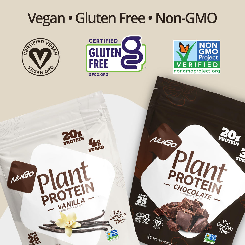 NuGo Plant Protein Powder packaging showing 25 servings.