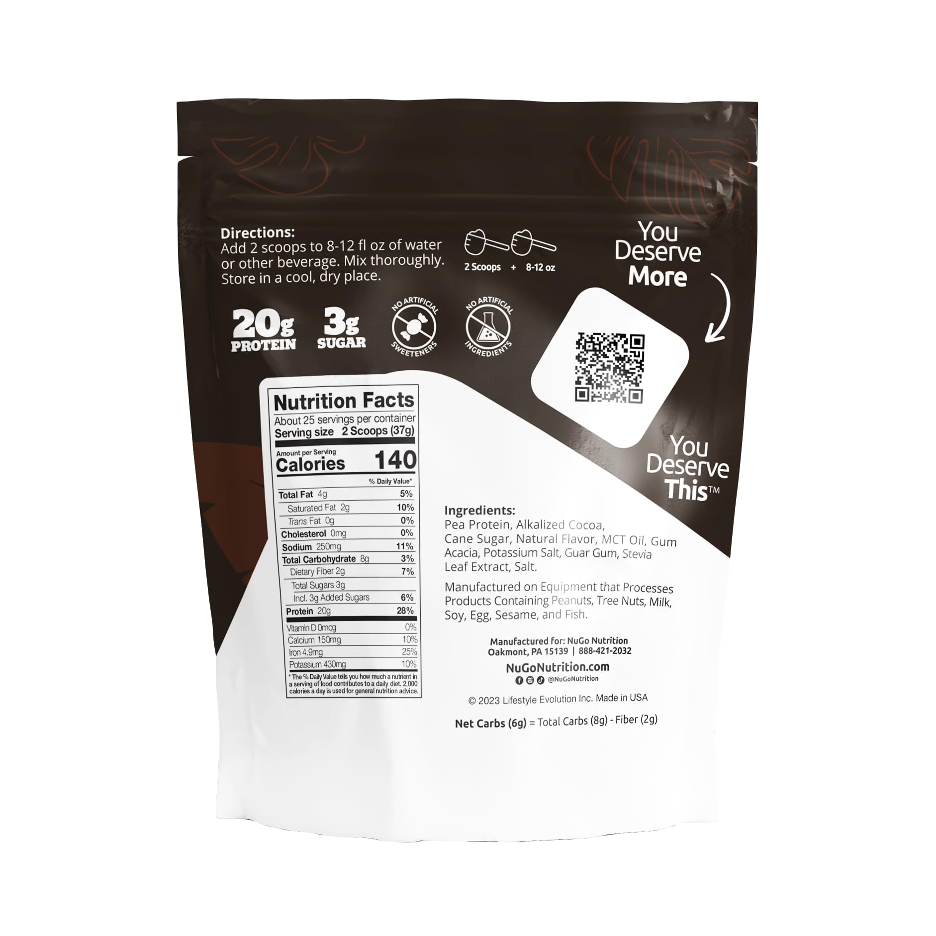 Spoon scoop of NuGo Plant Protein Powder showing 20 g protein.