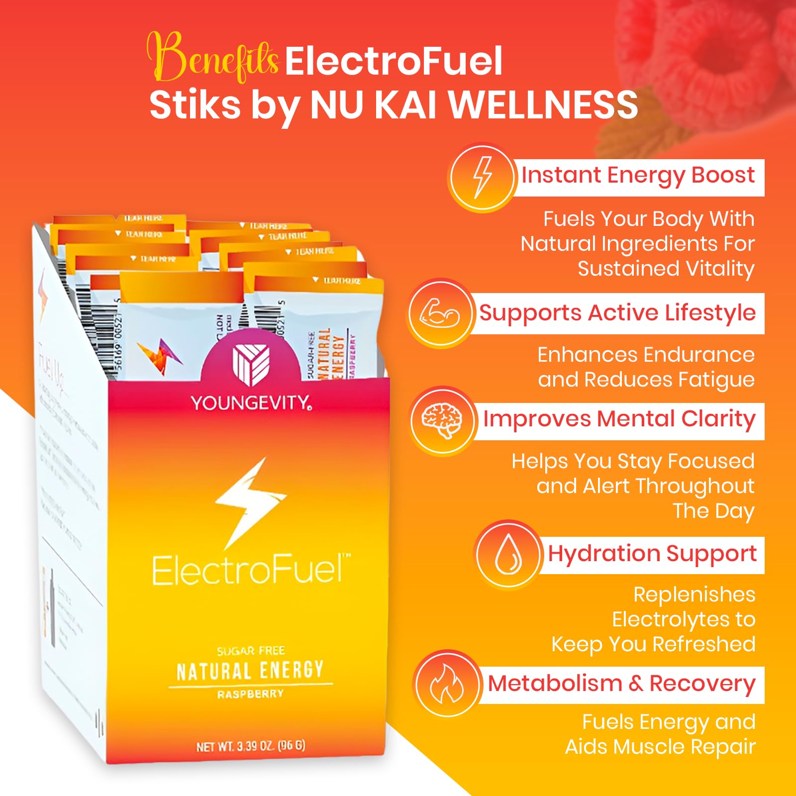 Raspberry-flavored Nu Kai Wellness sticks poured into a glass of water.