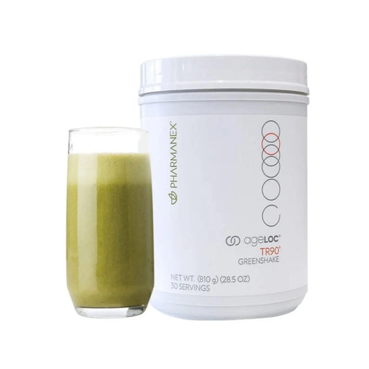 Nu Skin ageLOC TR90 GreenShake powder being poured for a plant-based protein boost.