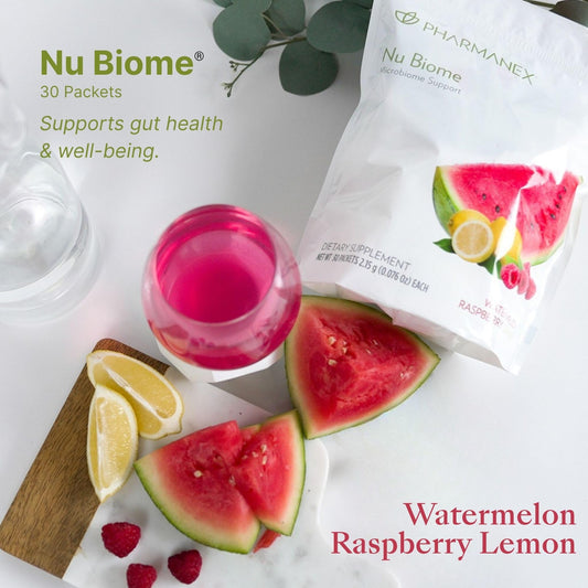 Nu Skin Pharmanex Nu Biome bottle highlighting convenient on-the-go energy.