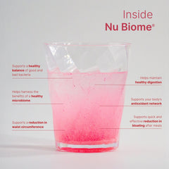 Nu Skin Pharmanex Nu Biome packets illustrating gut balance benefits.