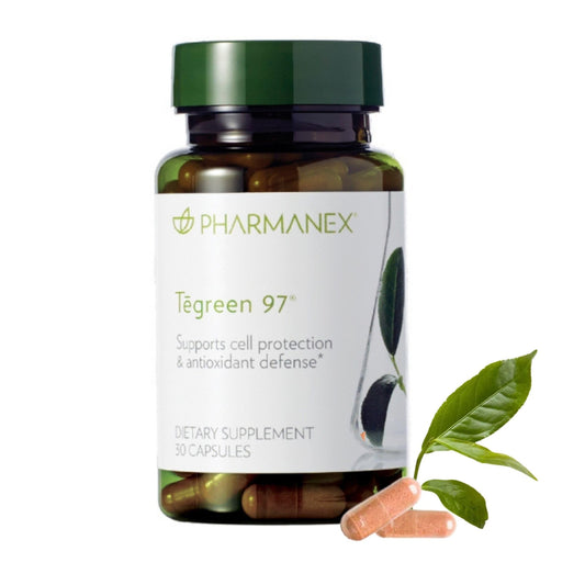 Nu Skin Pharmanex Tegreen 97 bottle front showing premium green tea extract