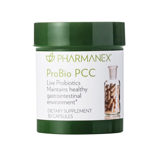 Nu Skin ProBio PCC capsule close-up showing 2B CFU probiotic for daily gut balance.
