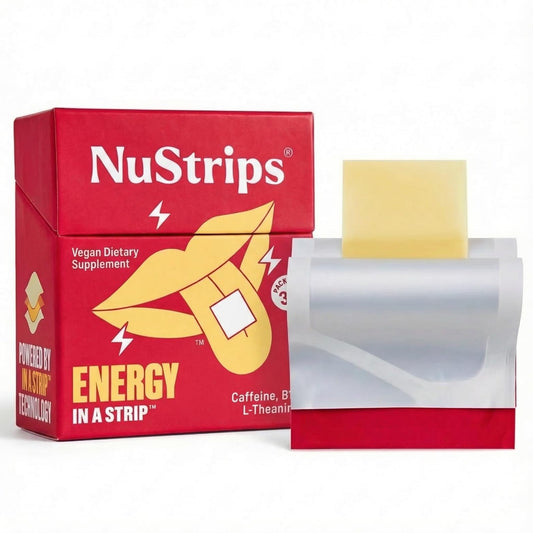 NuStrips box packaging showcases eco-friendly design for on-the-go energy.