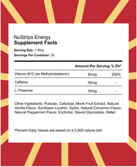 NuStrips caffeine L-Theanine B12 combo supports steady energy.