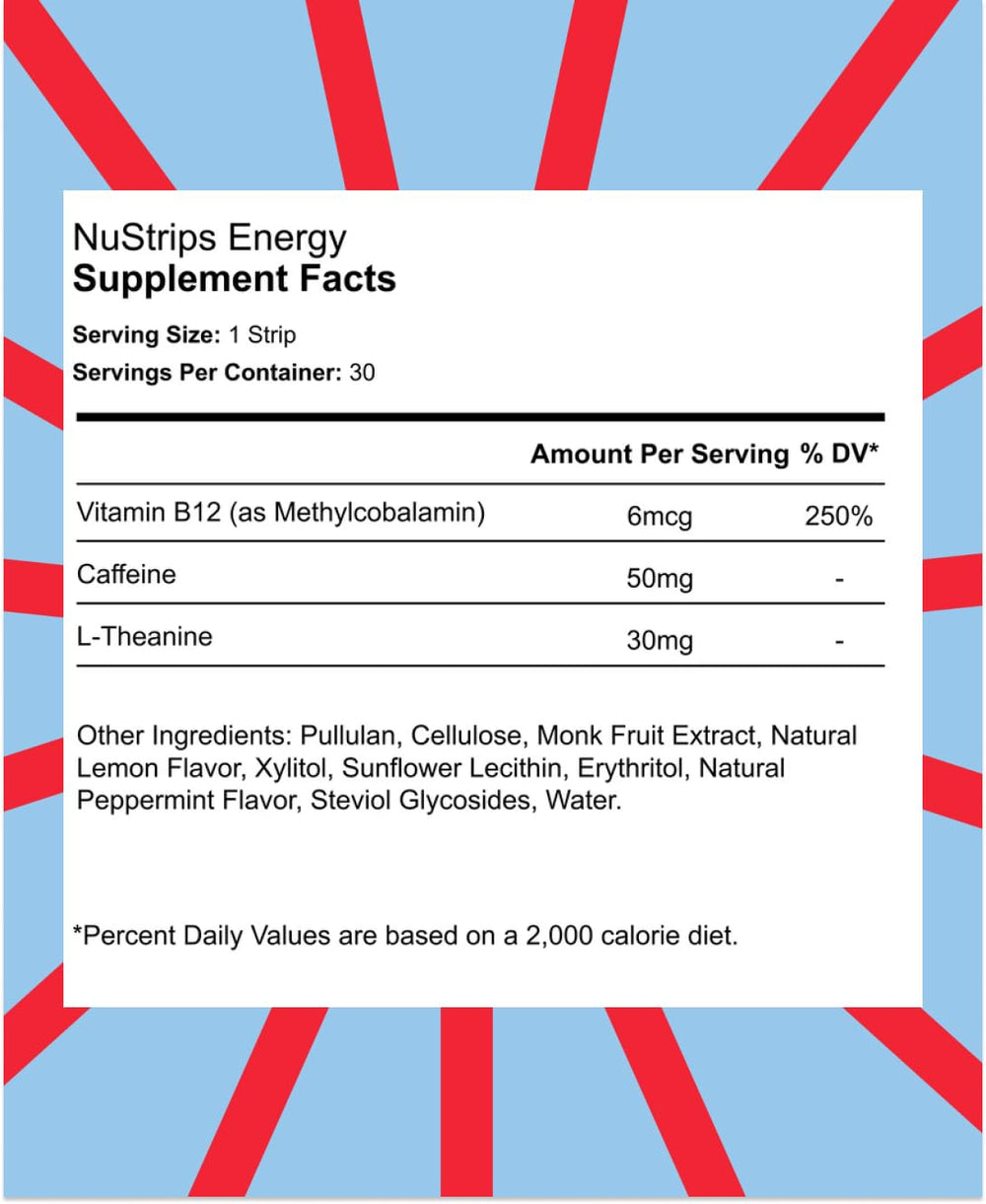 NuStrips shows caffeine, L-Theanine and B12 ingredients for balanced energy.
