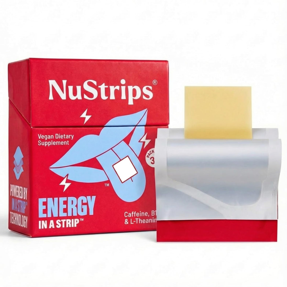 NuStrips fast-dissolving lemon energy strip on the tongue for quick focus.
