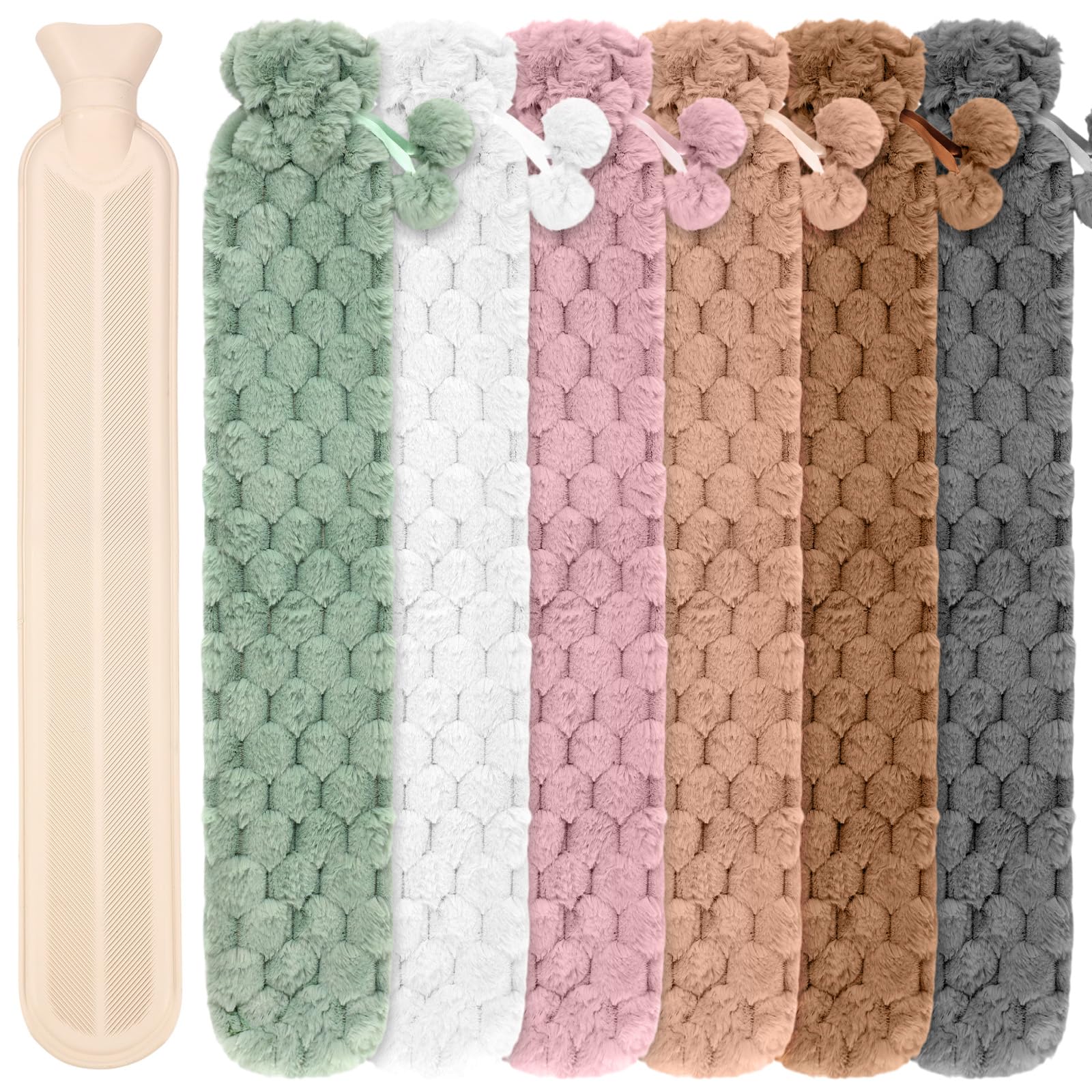 Nuanchu long hot water bottle with cover, six-pack, for extended warmth.