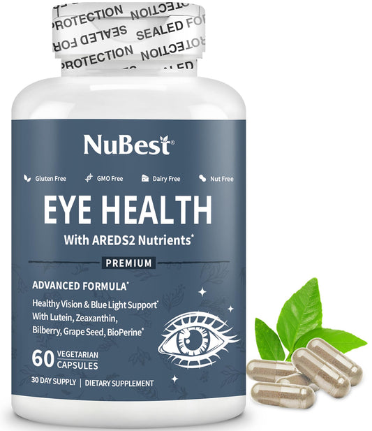NuBest AREDS2 eye vitamins bottle closeup for daily eye health support.
