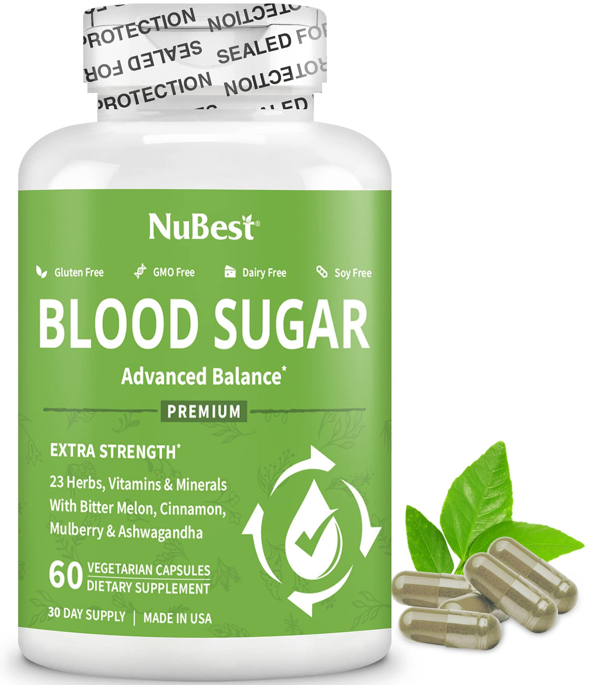 NuBest Blood Sugar Advanced Formula bottle showcasing energy and immune-support ingredients.