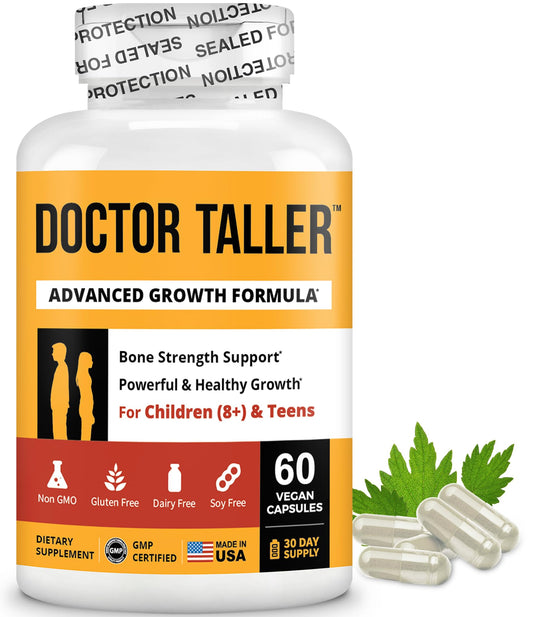 NuBest Doctor Taller bottle front view shows vegan capsules for bone support.