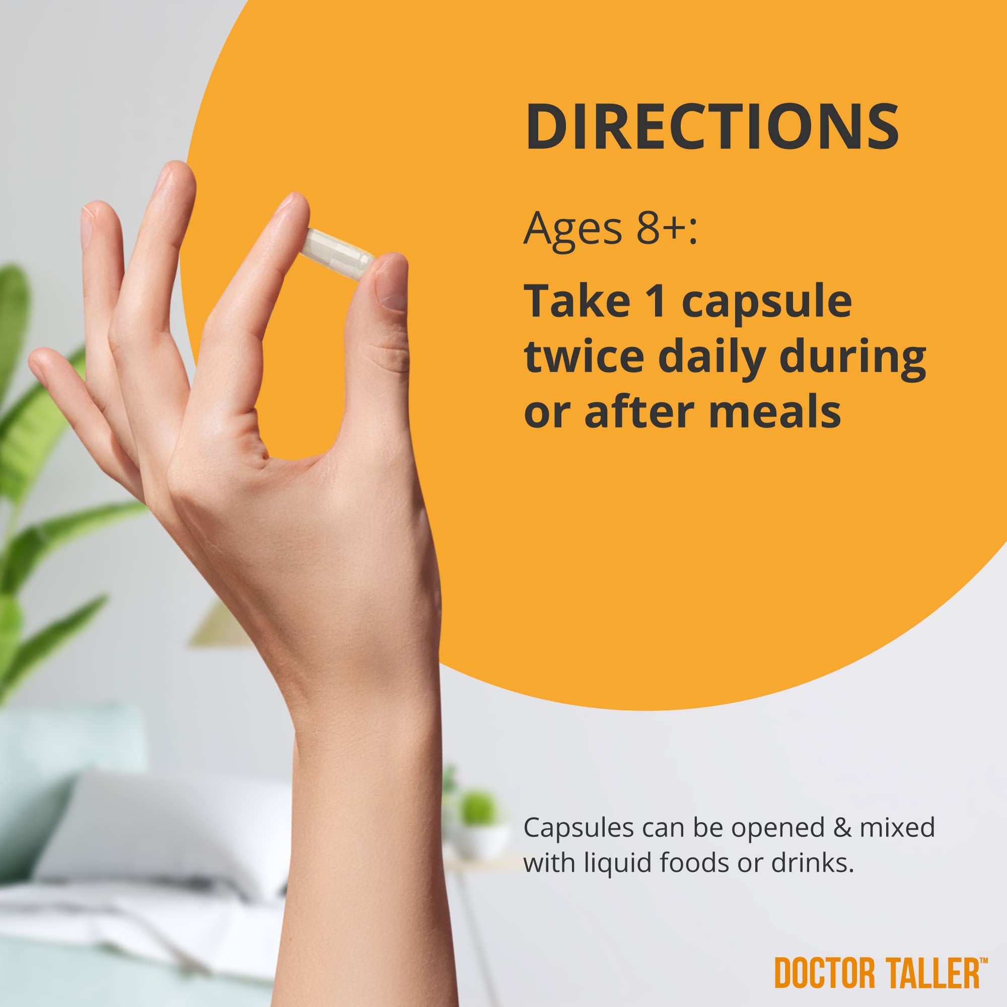NuBest Doctor Taller dosage illustration showing serving size for children 8+.