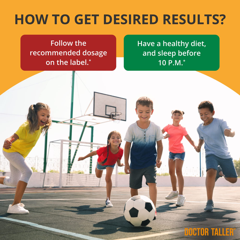 NuBest Doctor Taller Kids bottle label emphasizes non-GMO gluten-free formula.