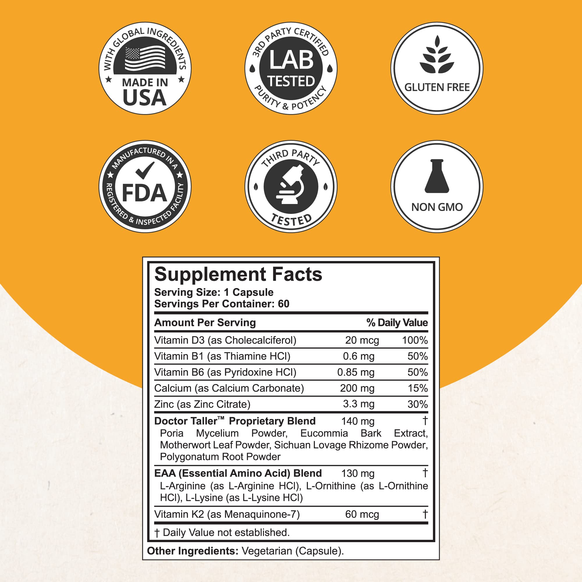 NuBest Doctor Taller label close-up highlighting D3 and K2 for calcium absorption.