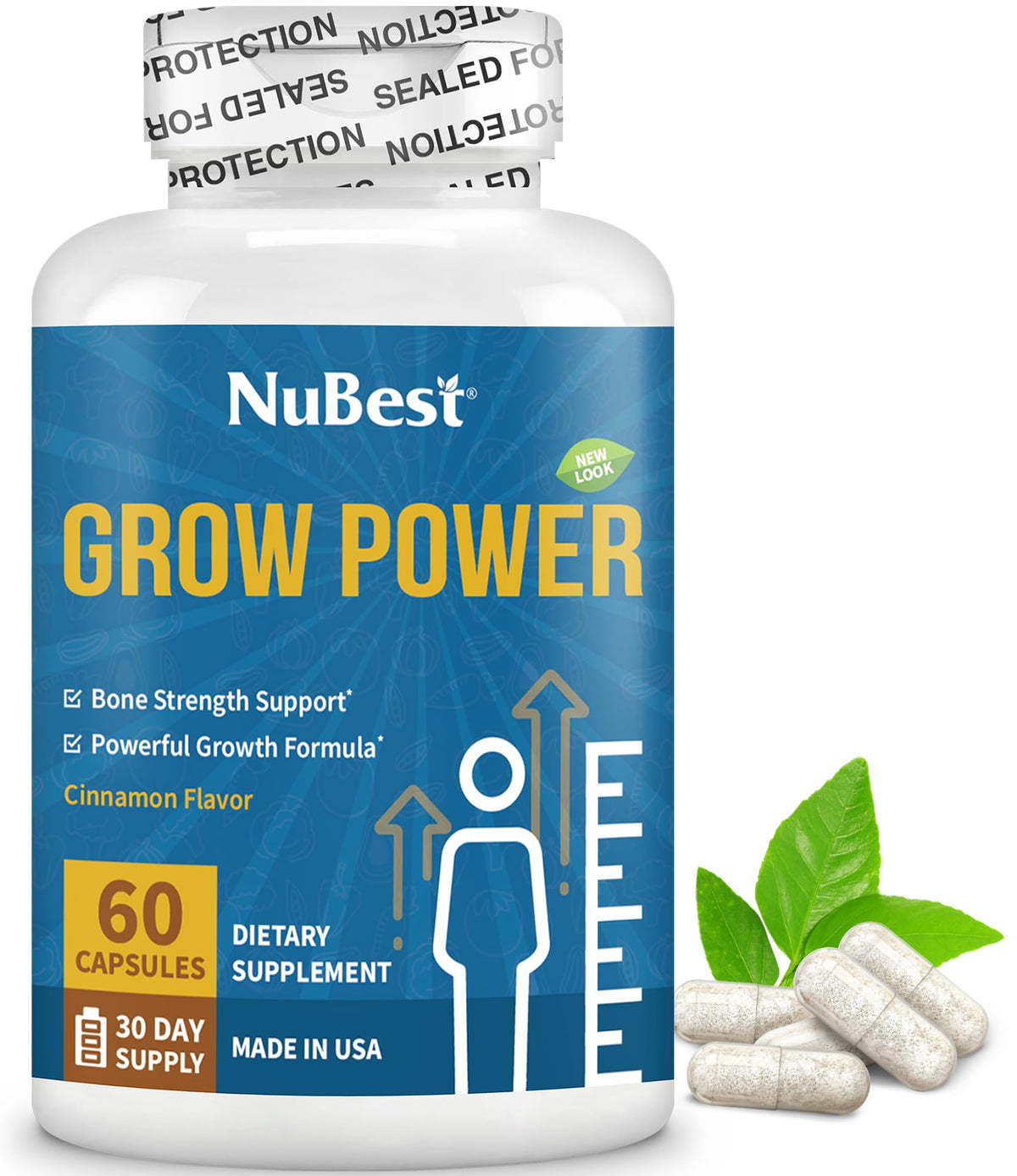 NuBest Grow Power bottle scene with calcium supplement supports healthy bone development.