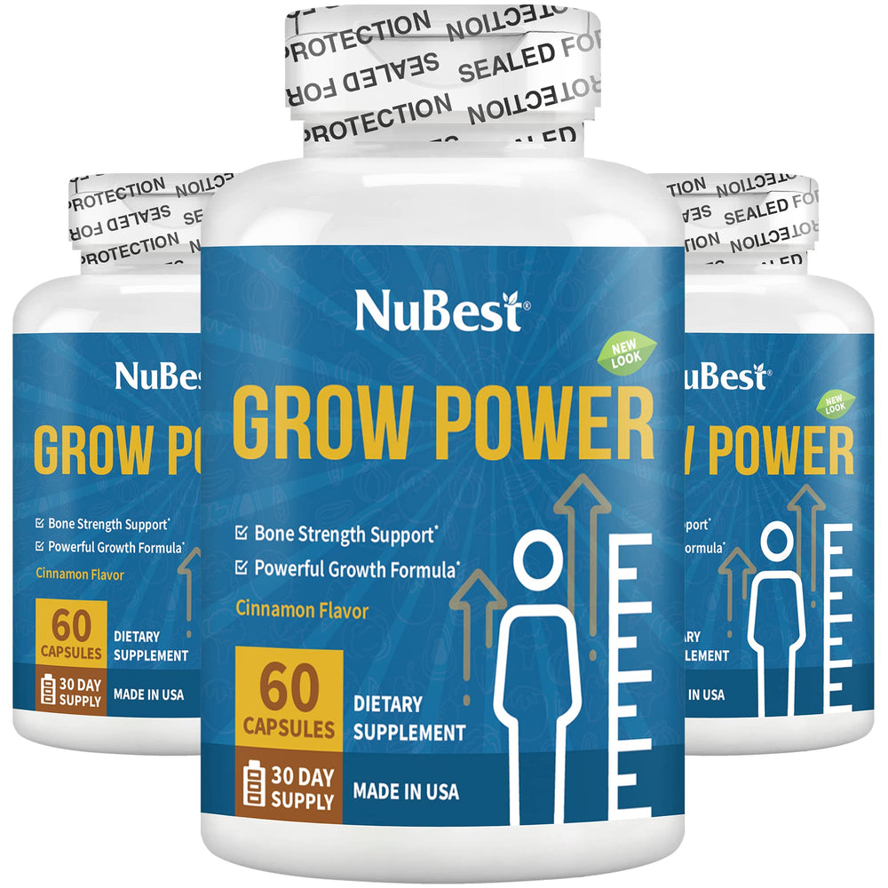 NuBest Grow Power calcium bottle with capsules for bone health support.